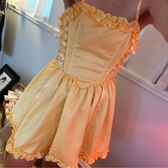 Sugar Thrillz Corset Cinched lace up Cottage Fairy Yellow Ruffle mini Dress - Picture 2 of 9